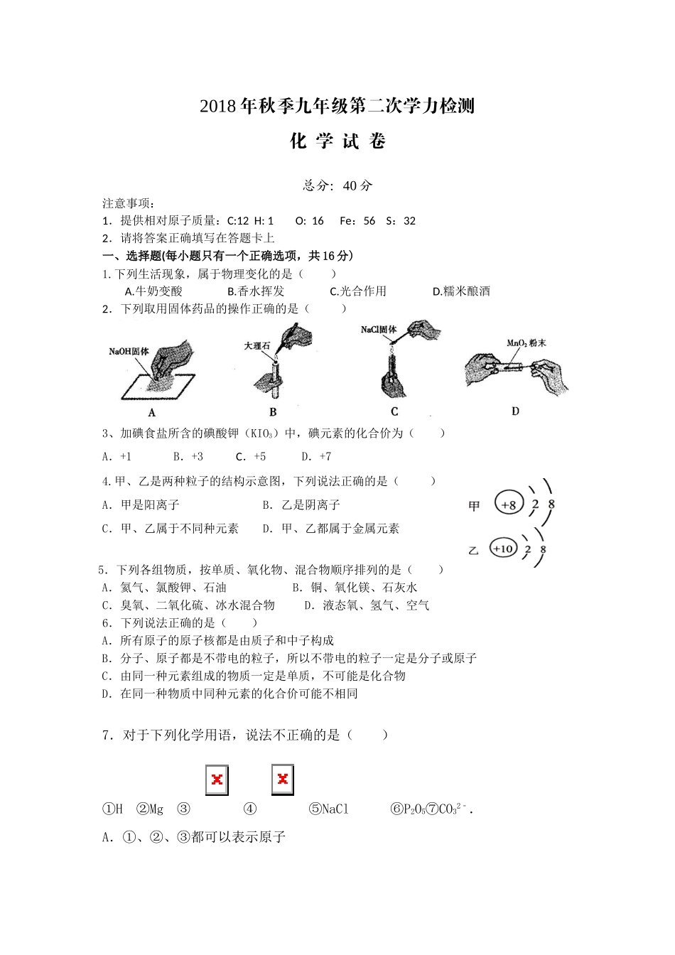 2018年九年级化学期末复习题_第1页