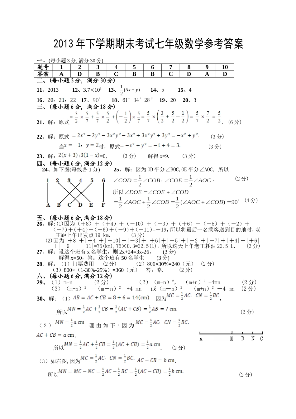 2013年下学期期末考试七年级数学参考答案_第1页