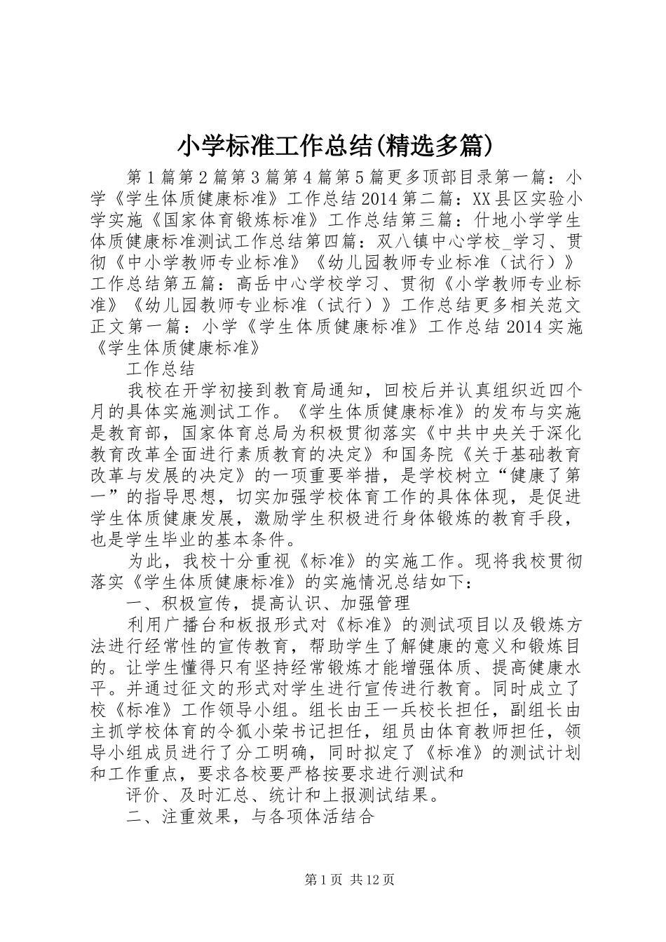 小学标准工作总结(精选多篇) _第1页
