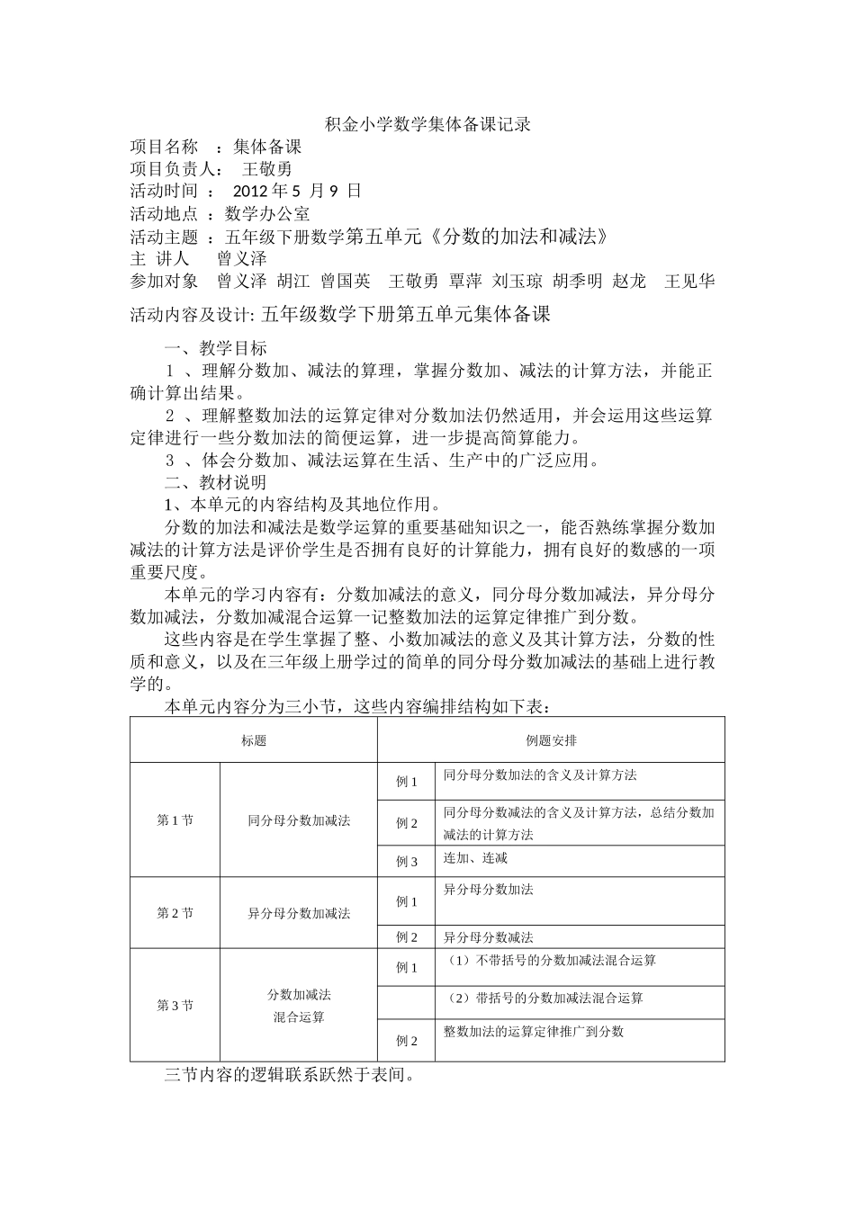 积金小学数学集体备课记录_第1页