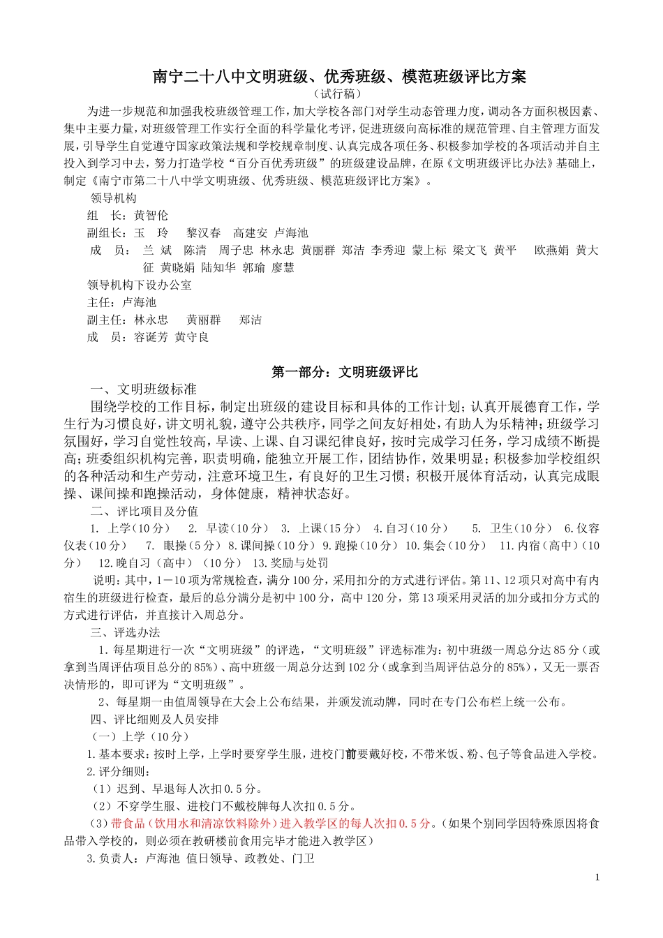 南宁二十八中文明班级、优秀班级、模范班级评比方案(二)_第1页