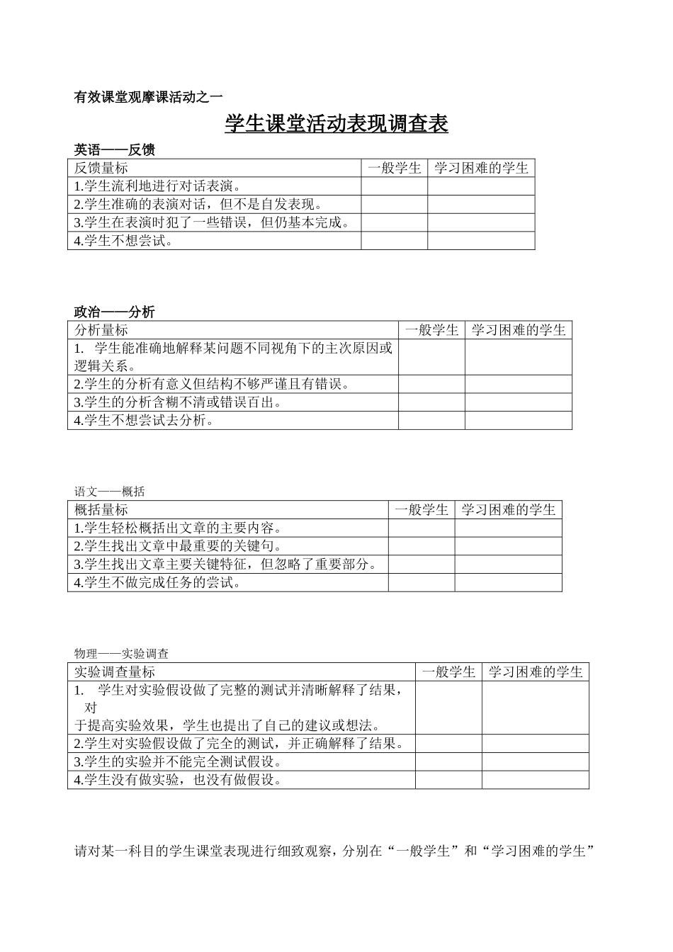 有效课堂观察学生课堂活动表现调查表_第1页