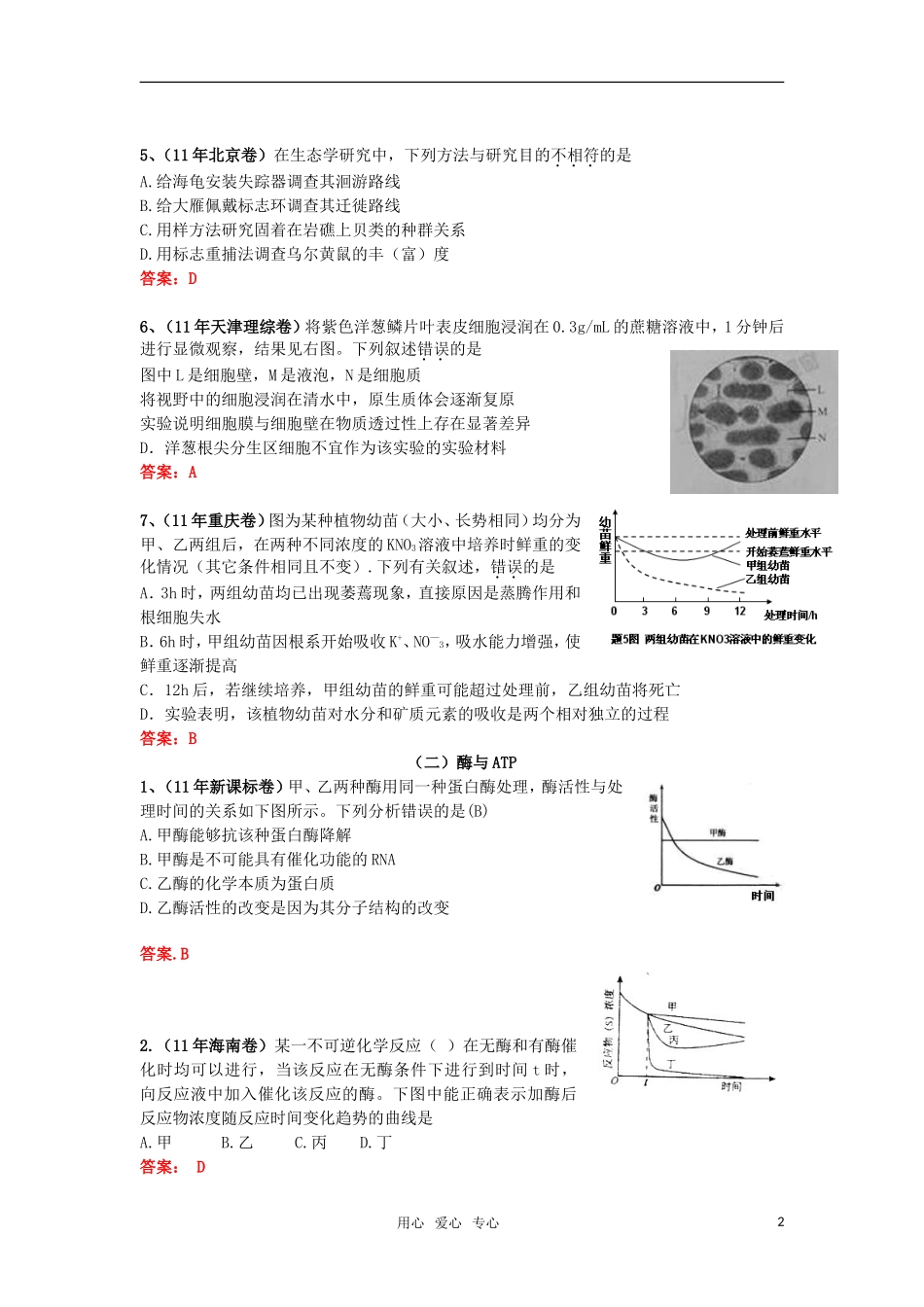2011年全国各地高考生物试题分类汇篇四-细胞代谢(物质出入方式、酶、ATP)部分_第2页