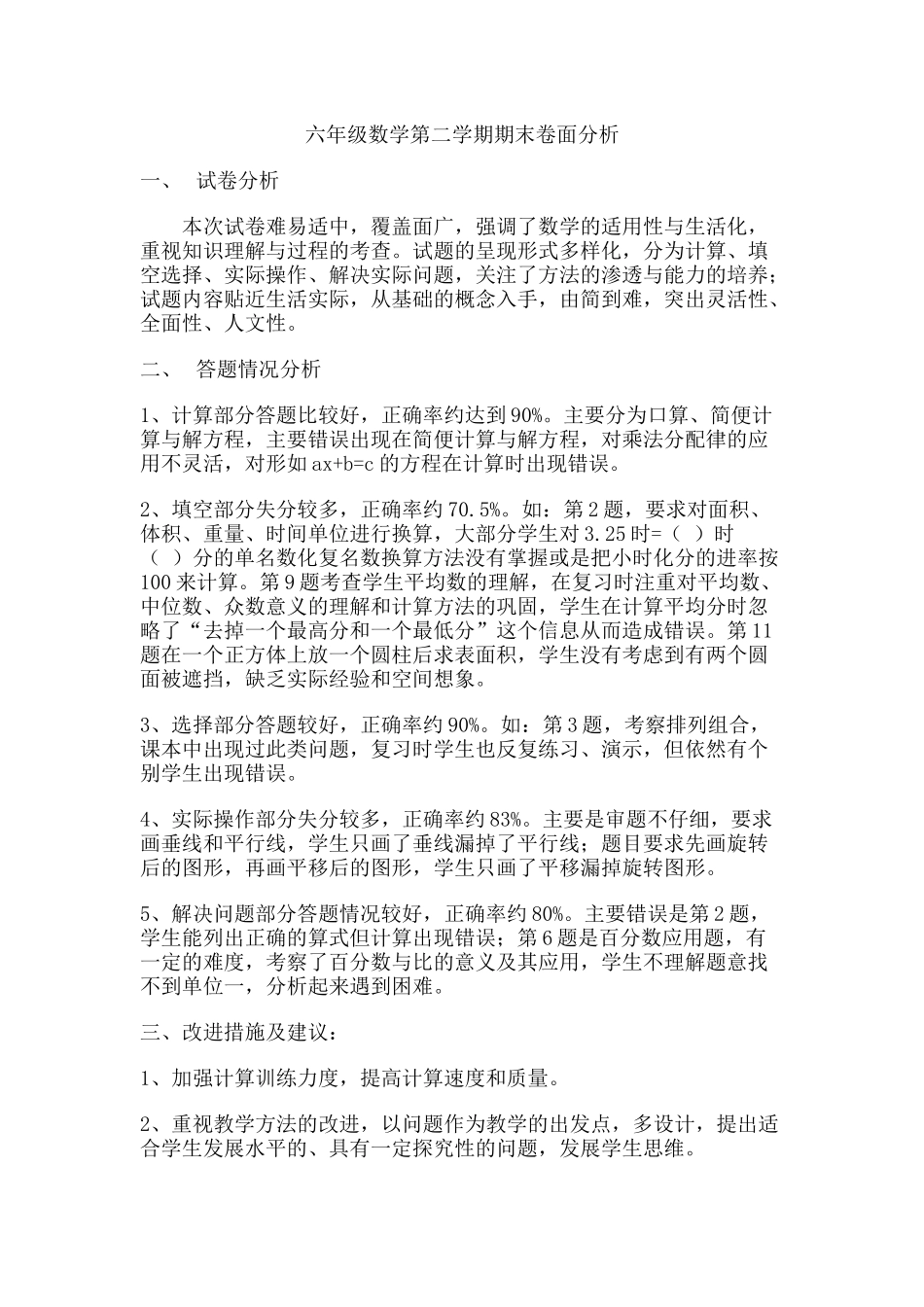 六年级数学第二学期期末卷面分析_第1页