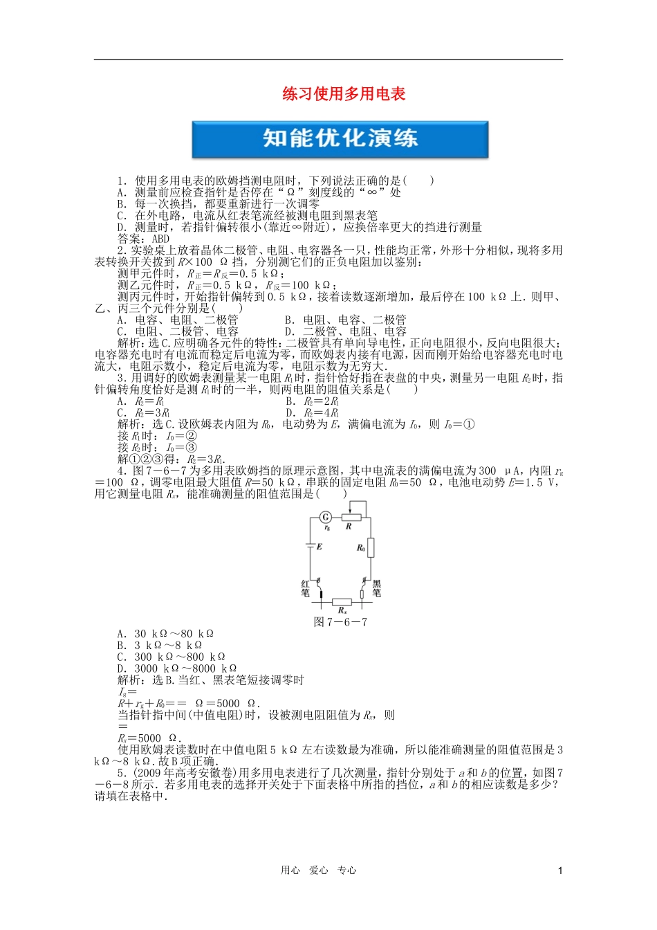 【优化方案】2012浙江高考物理总复习-第7章-实验十练习使用多用电表知能优化演练-大纲人教版_第1页