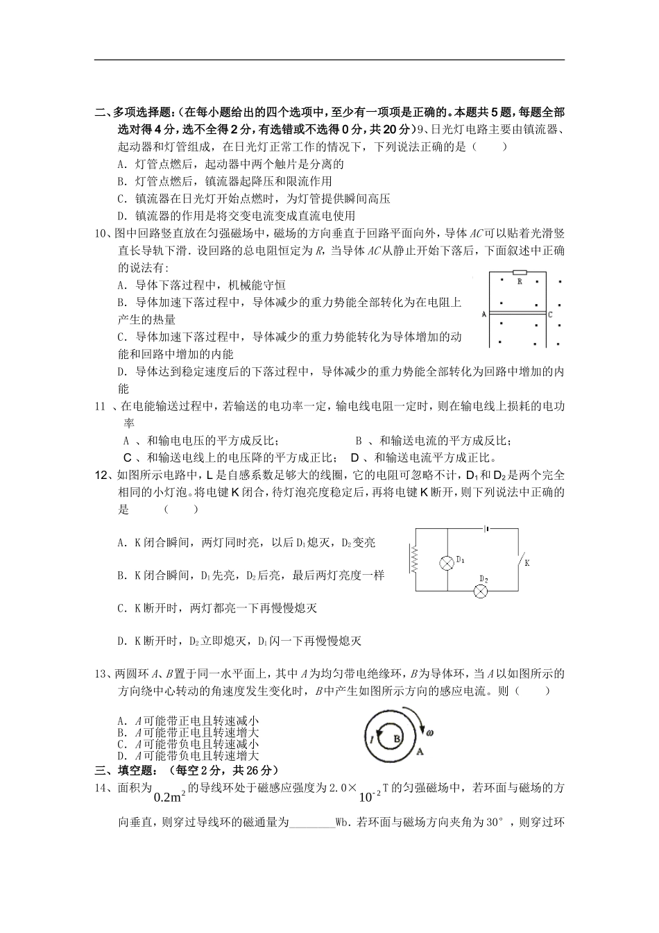 海南省洋浦中学2010-2011学年高二物理上学期期末考试【会员独享】_第2页