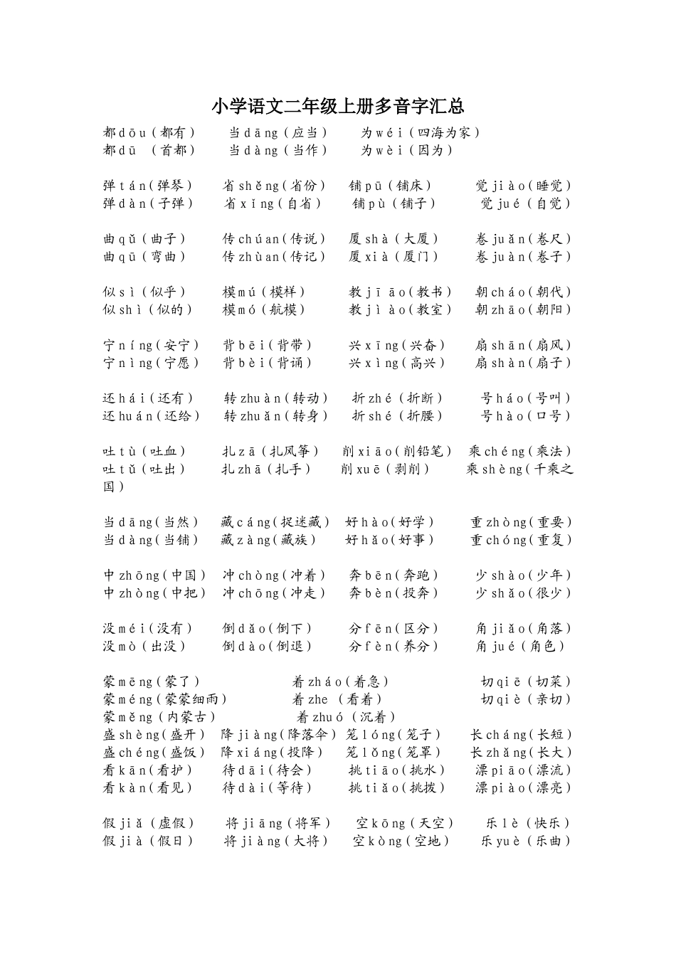 小学语文二年级上册多音字汇总_第1页