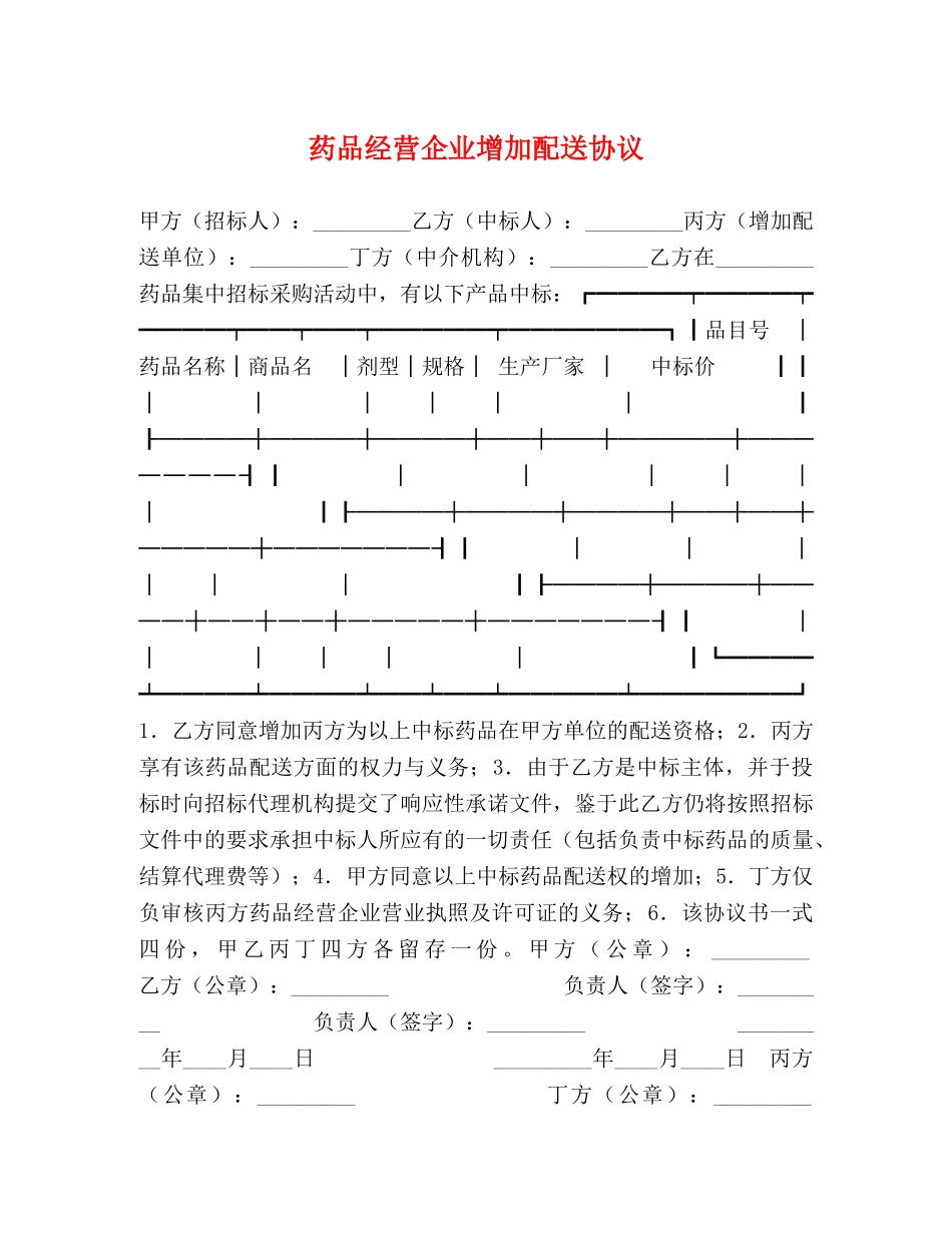 药品经营企业增加配送协议 _第1页