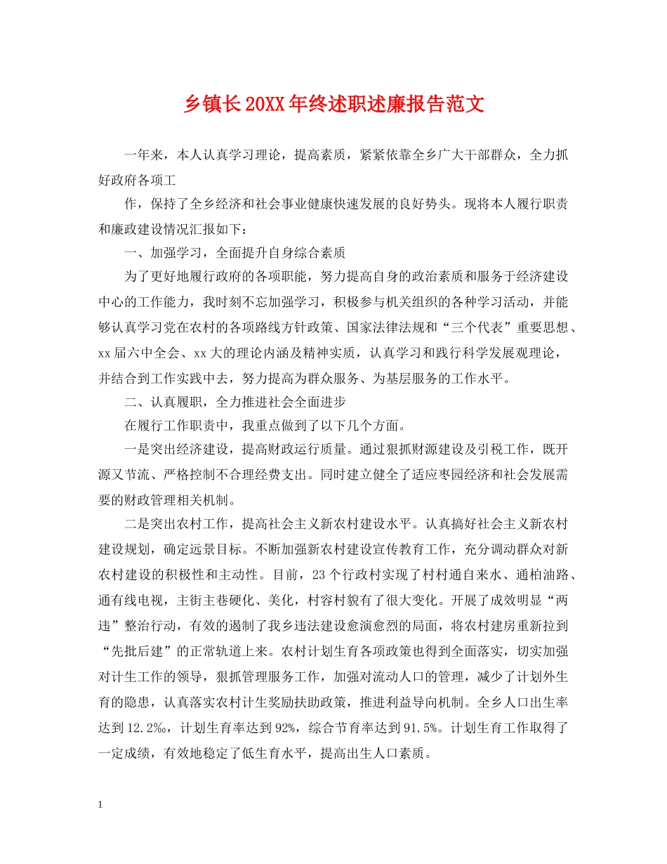 乡镇长20XX年终述职述廉报告范文_第1页