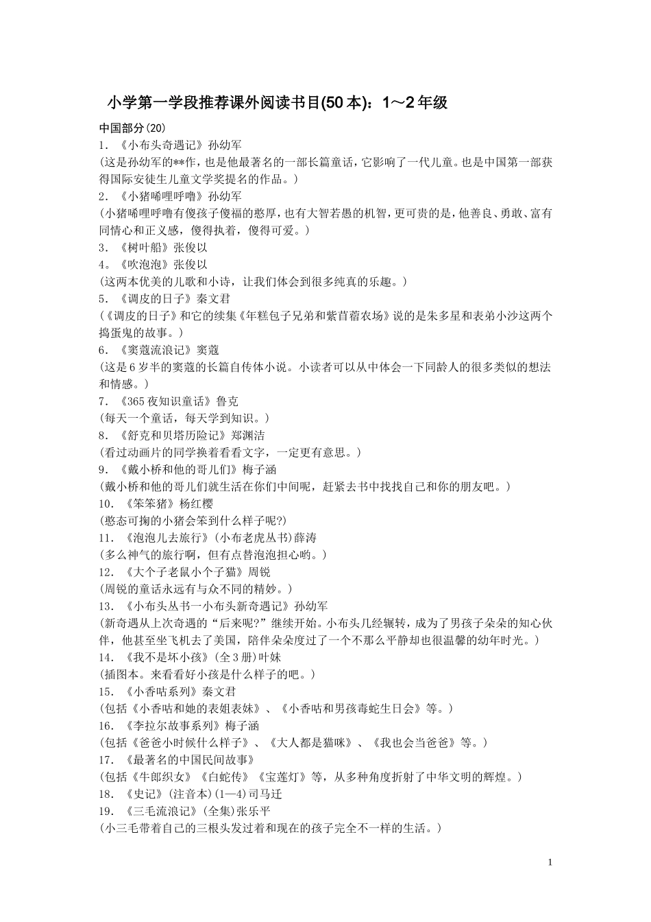 小学各学段推荐课外阅读书目_第1页