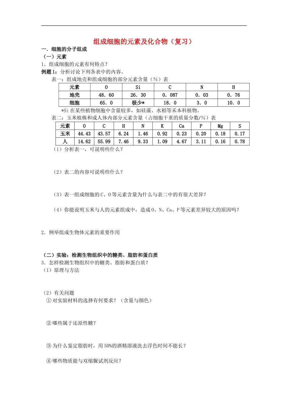 江苏省2013高二生物增效减负学案-组成细胞的元素及化合物复习-必修3_第1页