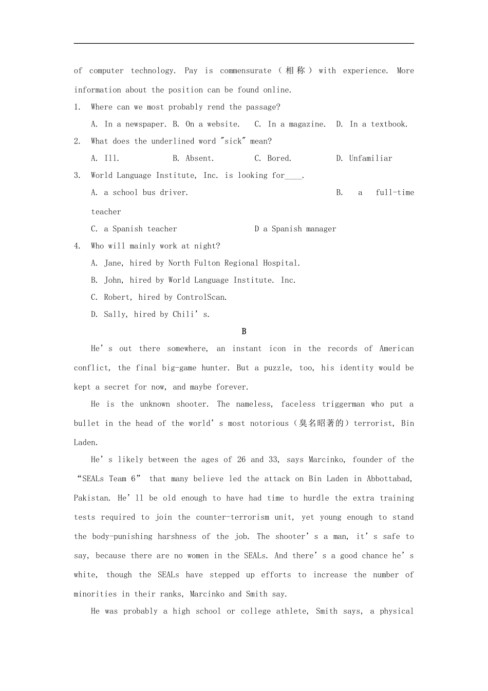 江苏省2012高考英语二轮复习-限时训练专题2-阅读理解13_第2页