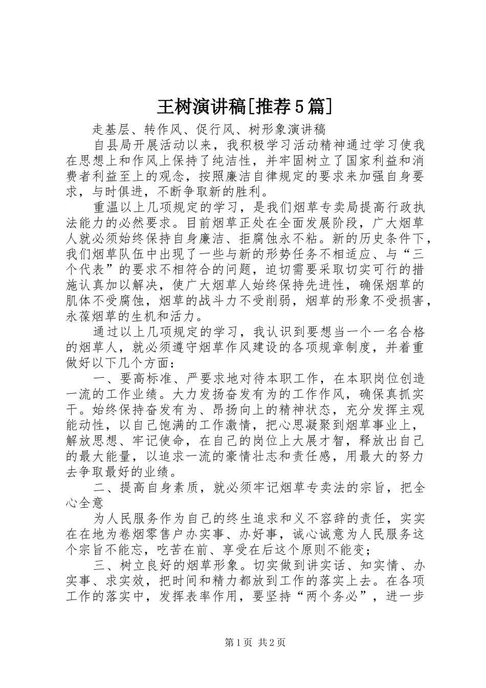 王树演讲致辞[推荐5篇]_第1页