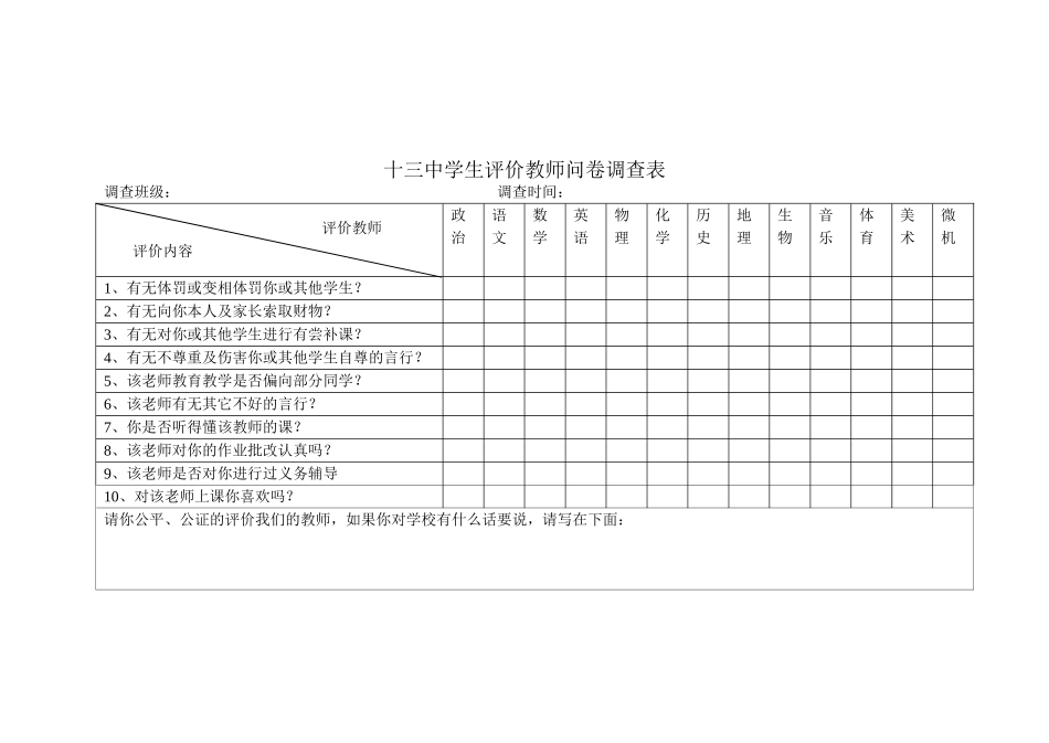 十三中学生评价教师问卷调查表_第1页