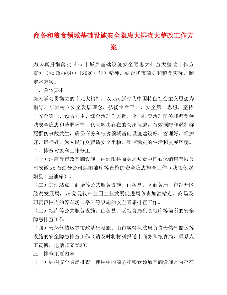商务和粮食领域基础设施安全隐患大排查大整改工作方案 _第1页