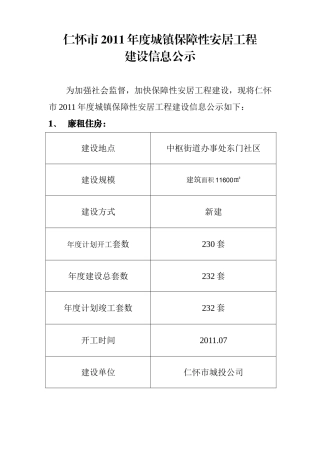 仁怀市2011年度城镇保障性安居工程