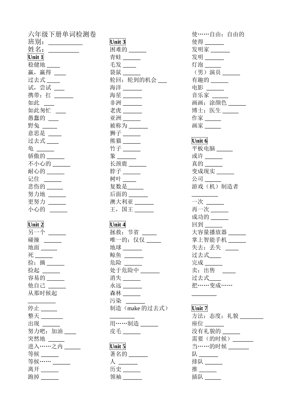 六年级下册单词检测卷_第1页