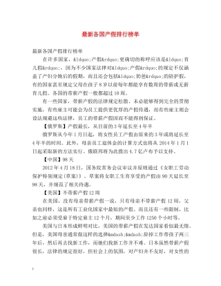 最新各国产假排行榜单 