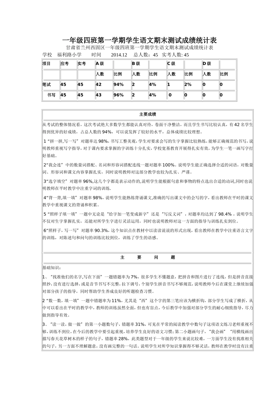 一年级四班成绩统计册_第1页