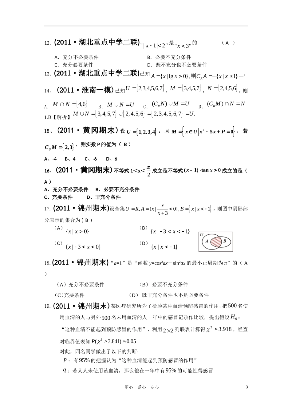 2011届高考数学模拟题-集合与常用逻辑用语分类汇编-文-新人教版_第3页