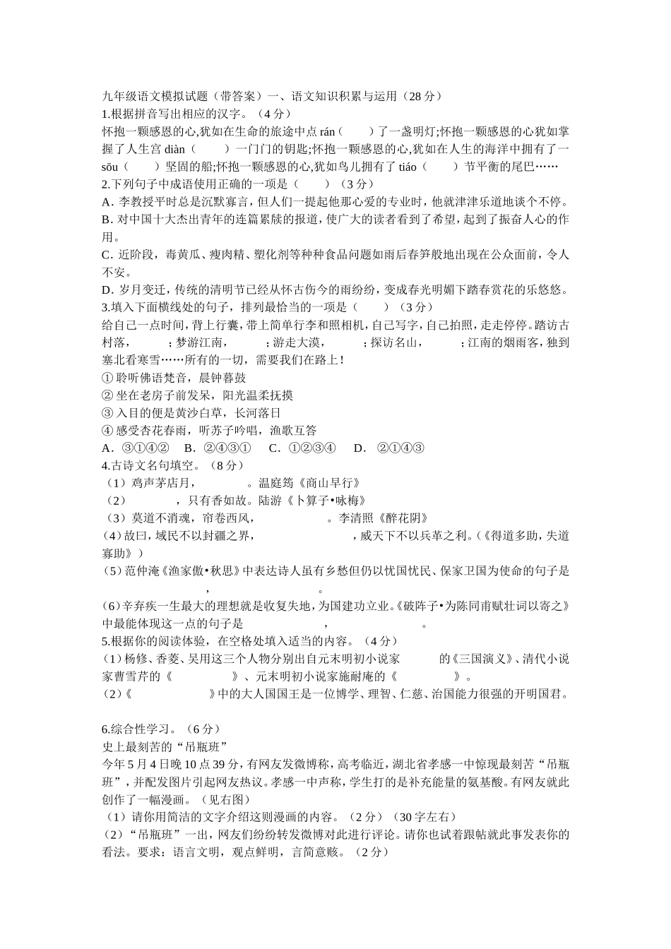 九年级语文模拟试题_第1页