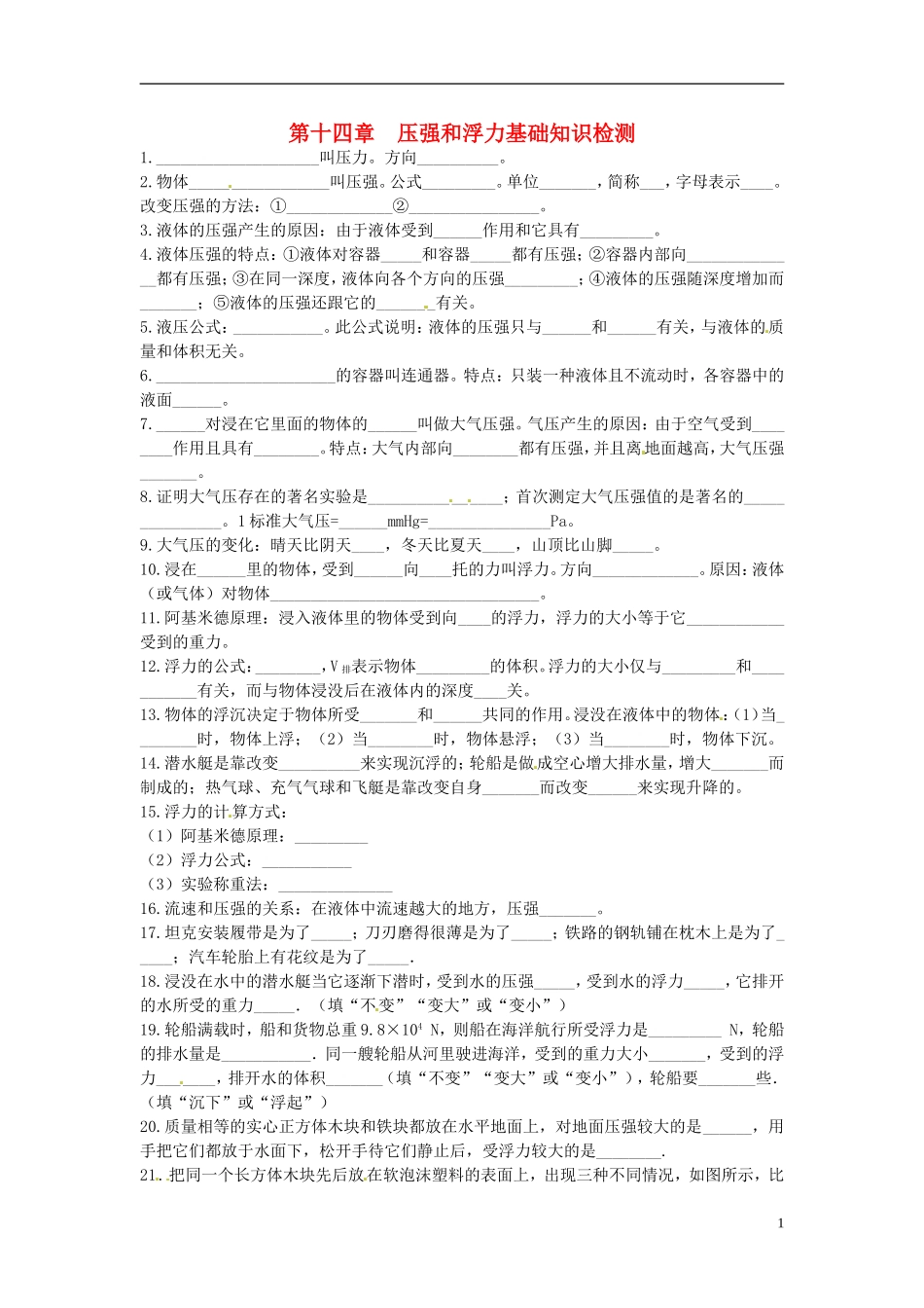 九年级物理全册-第十四章-压强和浮力基础知识检测题(无答案)-新人教版_第1页