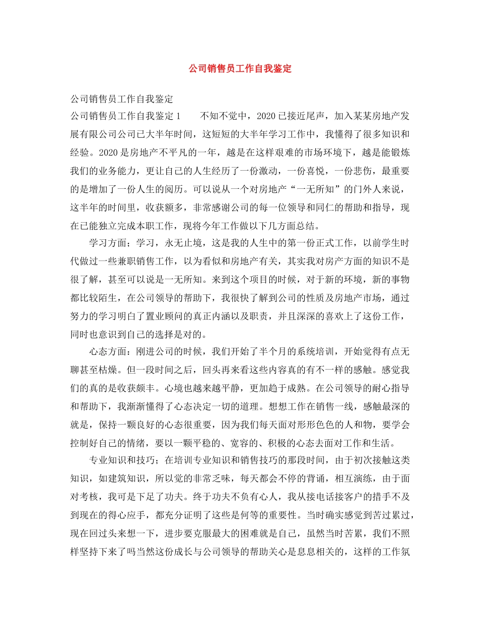公司销售员工作自我鉴定 _第1页
