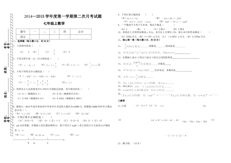 初一数学月考试卷--兴仁中学杨秀琴_第1页
