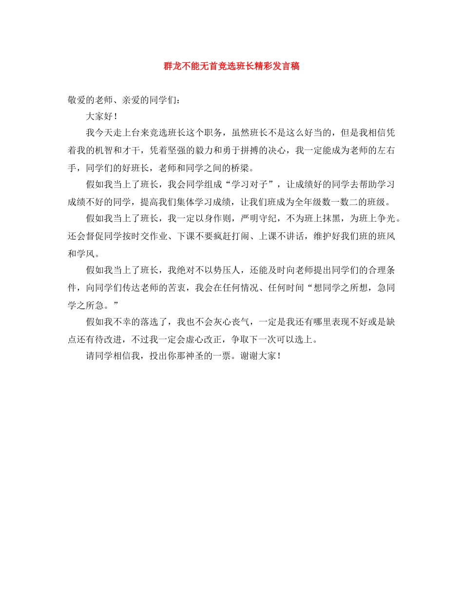 群龙不能无首竞选班长精彩发言稿 _第1页