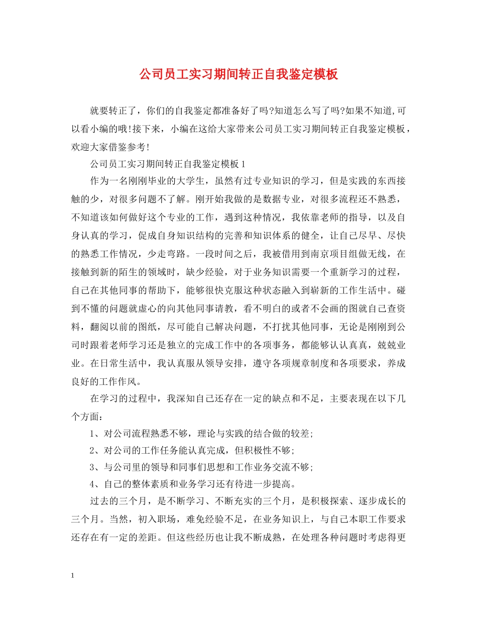 公司员工实习期间转正自我鉴定模板 _第1页