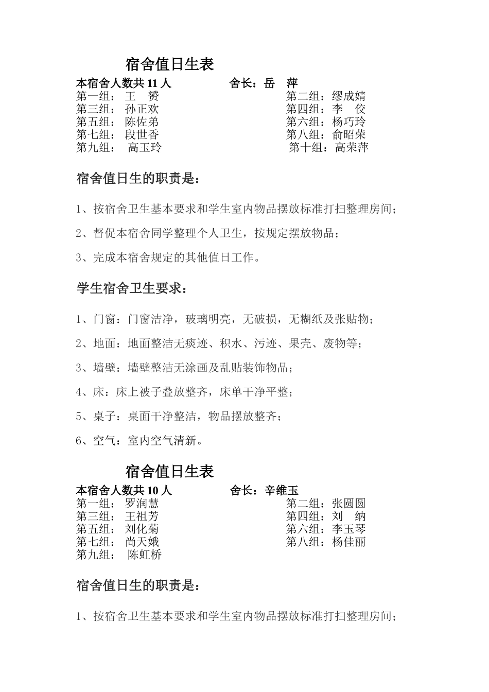 九一班女宿舍值日生表_第1页