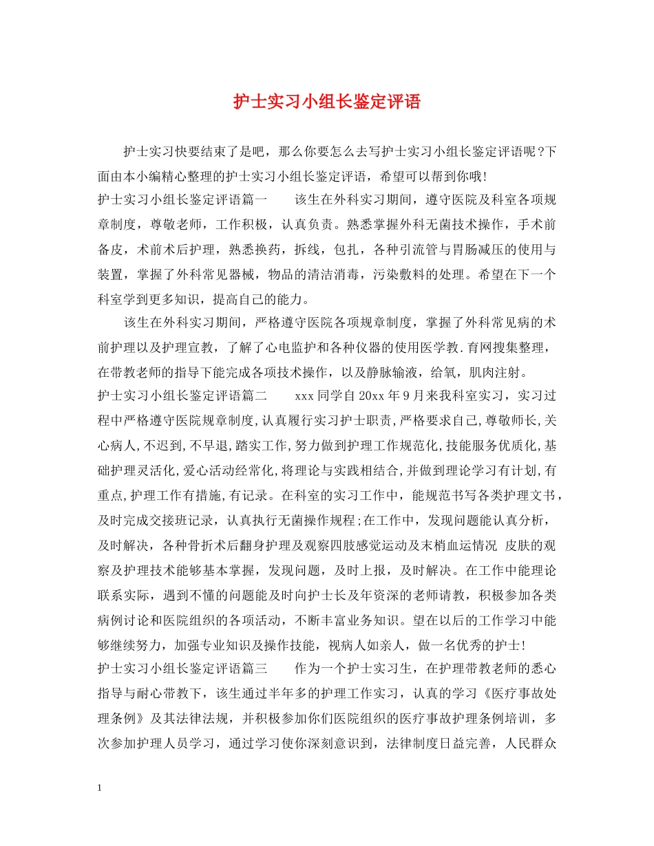护士实习小组长鉴定评语 _第1页