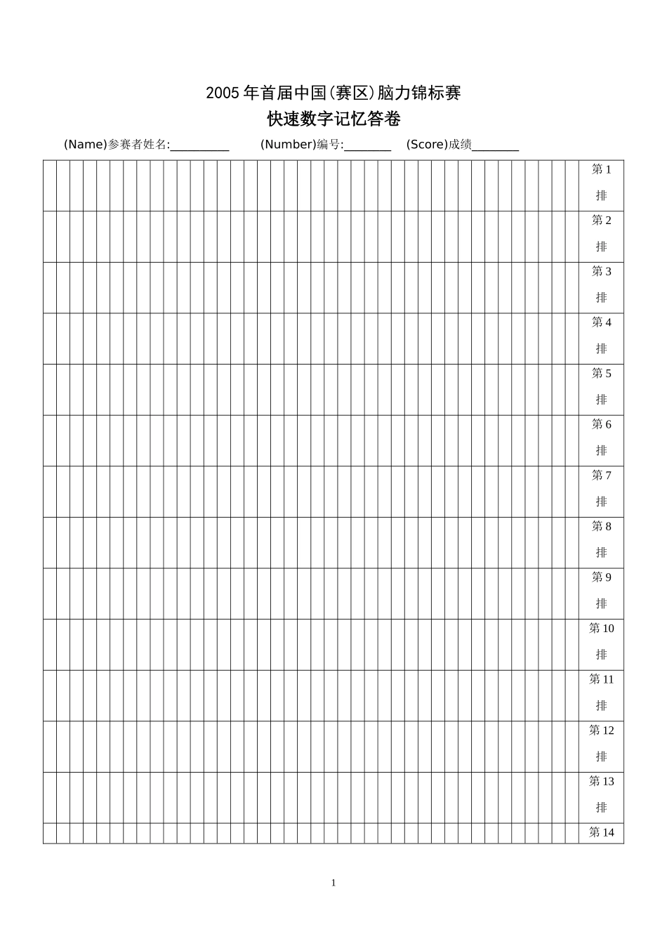 首届中国脑力锦标赛数据记忆快速数字记忆(答卷)_第1页