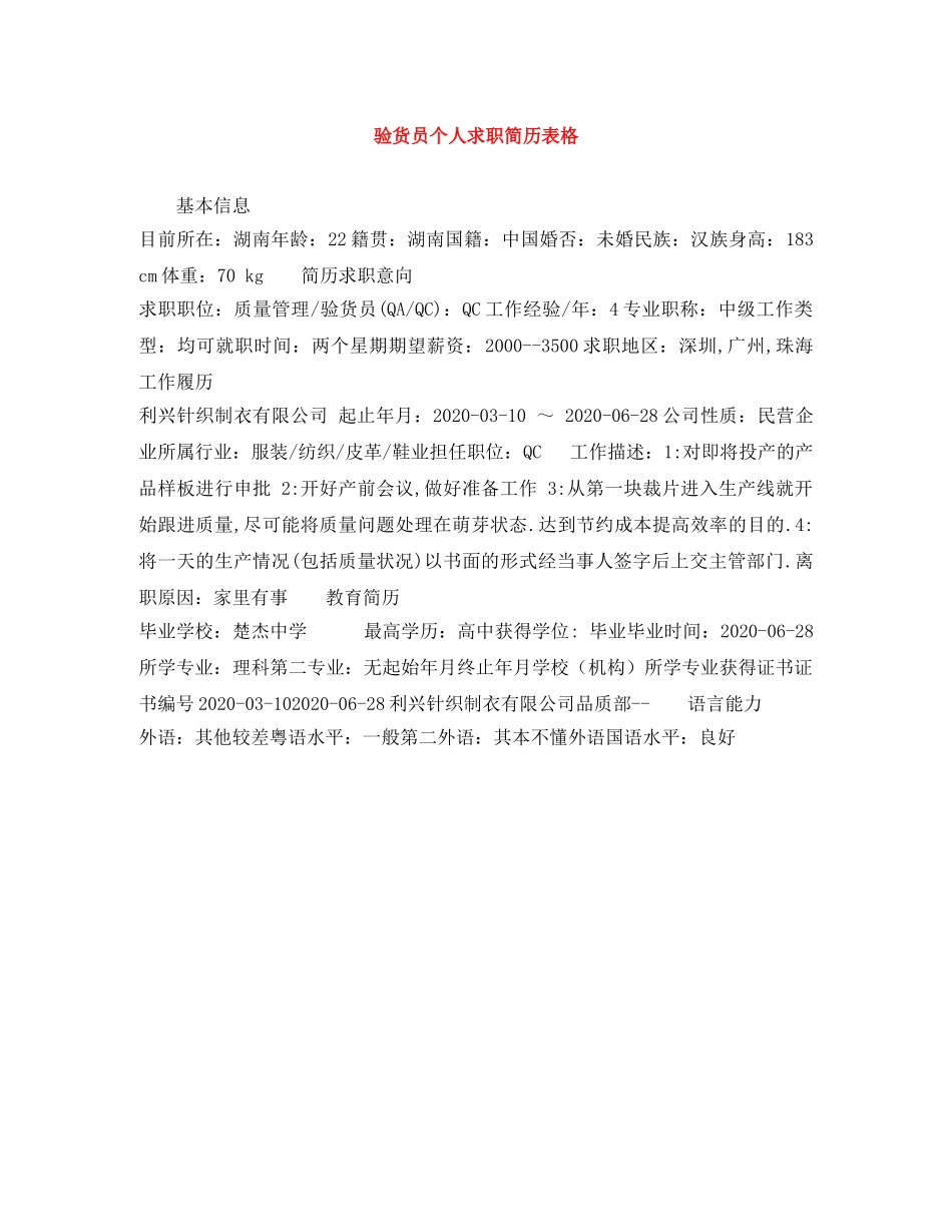 验货员个人求职简历表格 _第1页