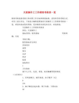 天泵操作工工作绩效考核表一览 