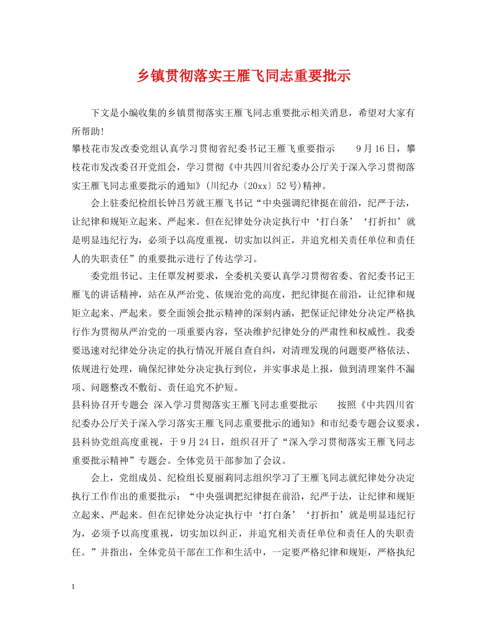 乡镇贯彻落实王雁飞同志重要批示_第1页