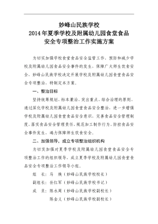 妙峰山民族学校食堂专项工作方案
