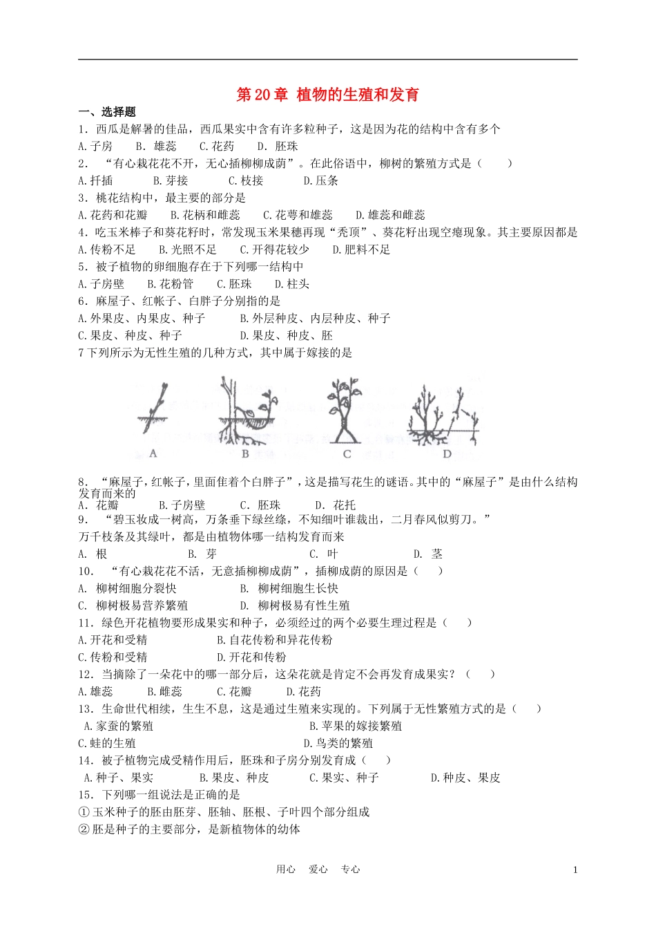 八年级生物上册《植物的生殖和发育》同步练习1-苏科版_第1页