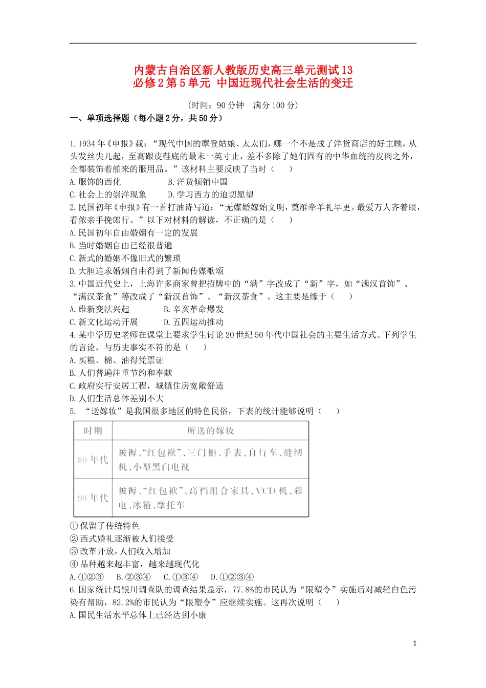 内蒙古2012届高三历史单元测试13-第5单元中国近现代社会生活的变迁-新人教版必修2_第1页