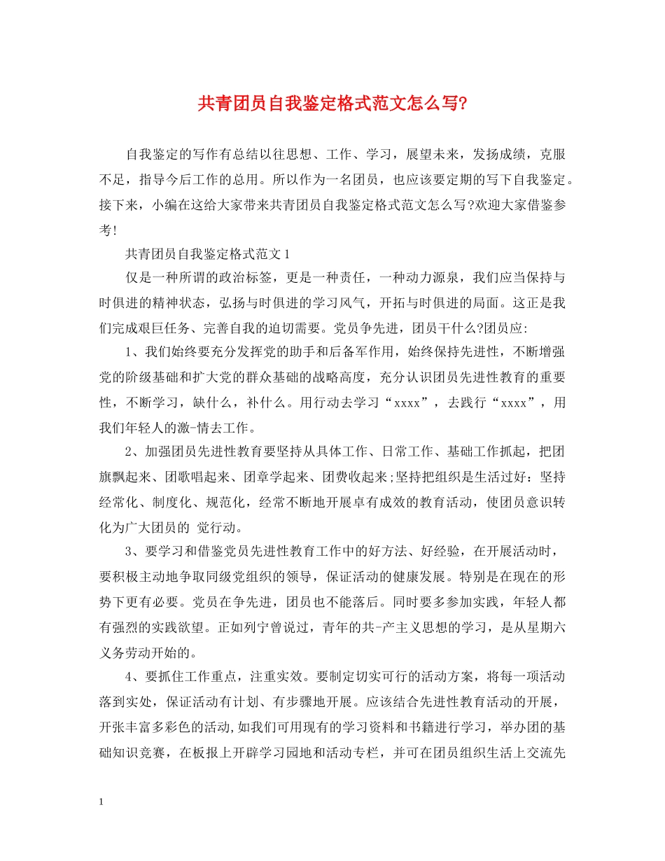 共青团员自我鉴定格式范文怎么写- _第1页