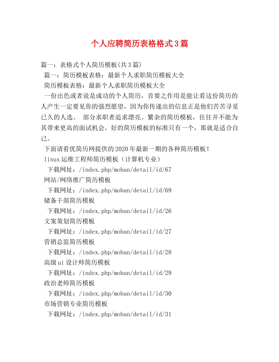 个人应聘简历表格格式3篇 _第1页