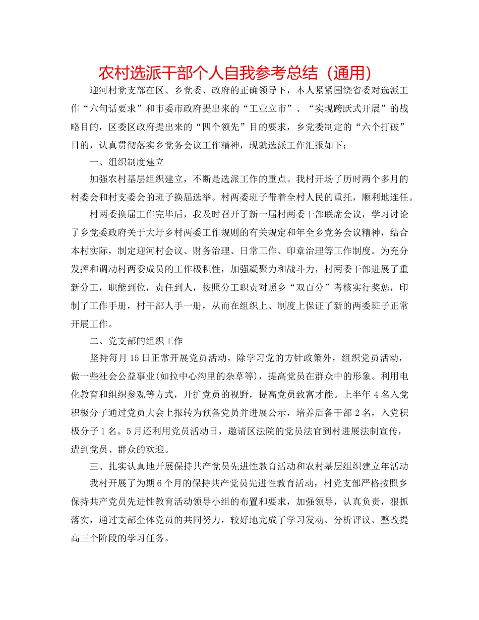 农村选派干部个人自我参考总结（通用） _第1页