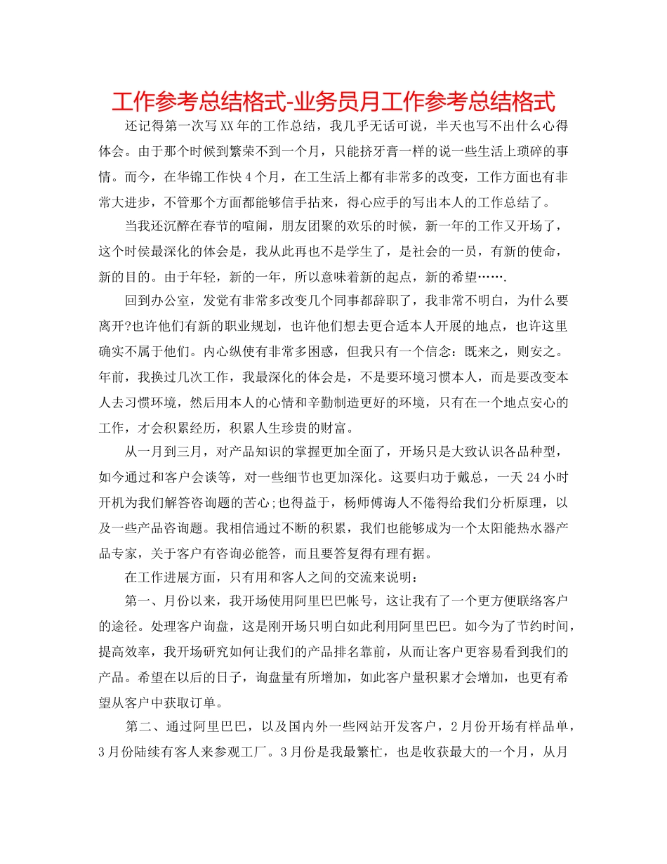 工作参考总结格式-业务员月工作参考总结格式 _第1页