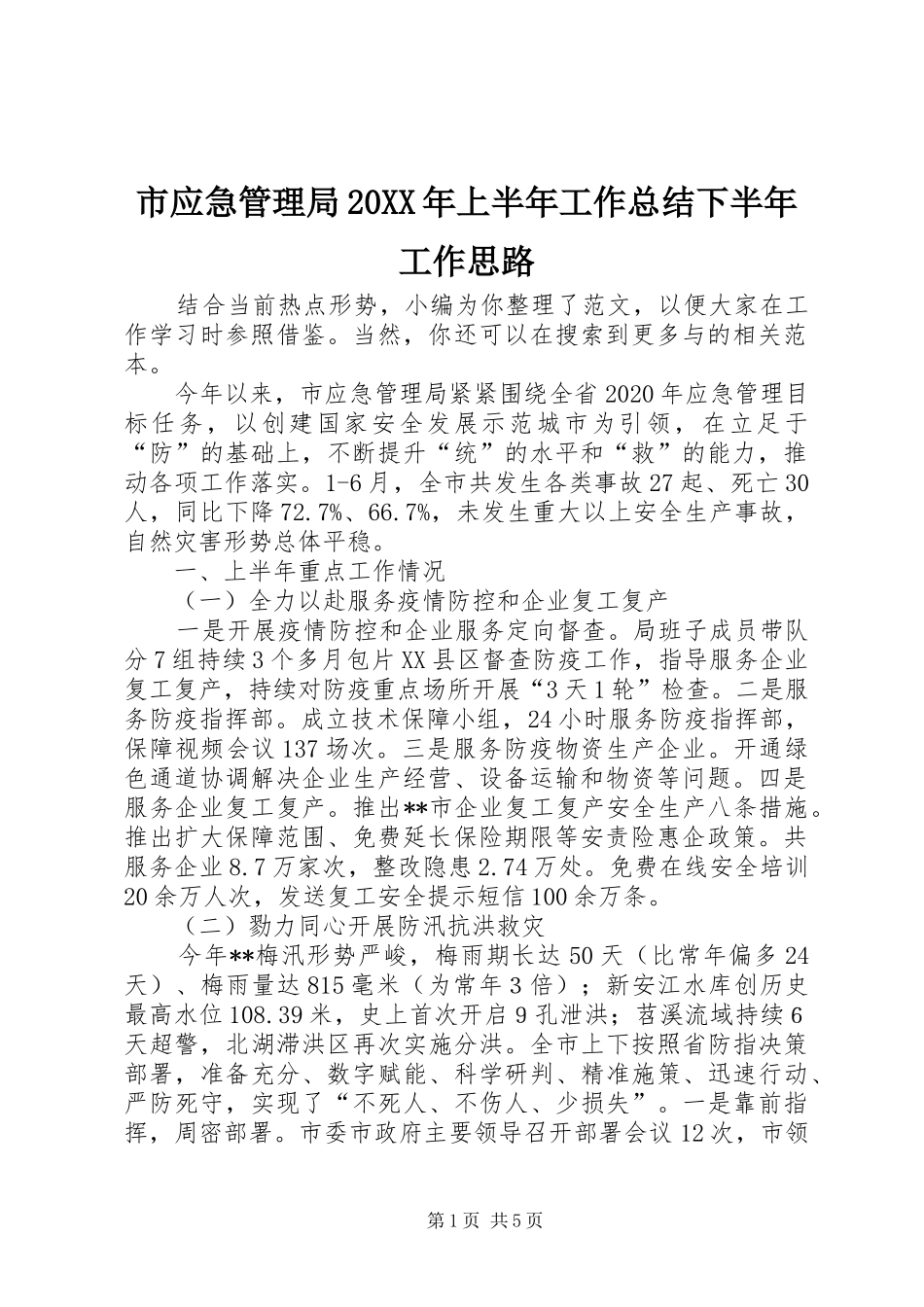 市应急管理局20XX年上半年工作总结下半年工作思路_第1页