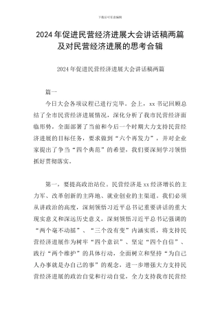 2024年促进民营经济发展大会讲话稿两篇及对民营经济发展的思考合辑
