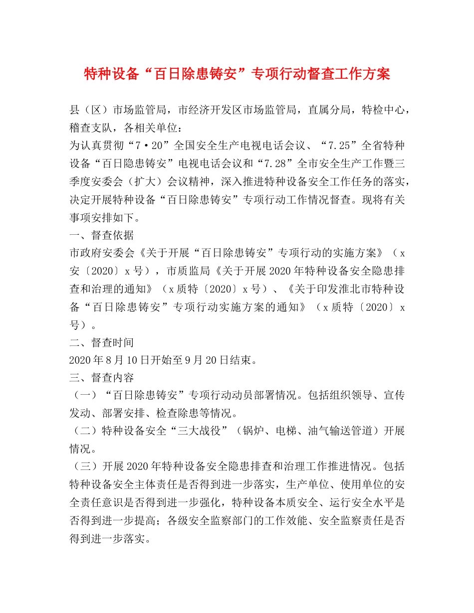 特种设备“百日除患铸安”专项行动督查工作方案 _第1页