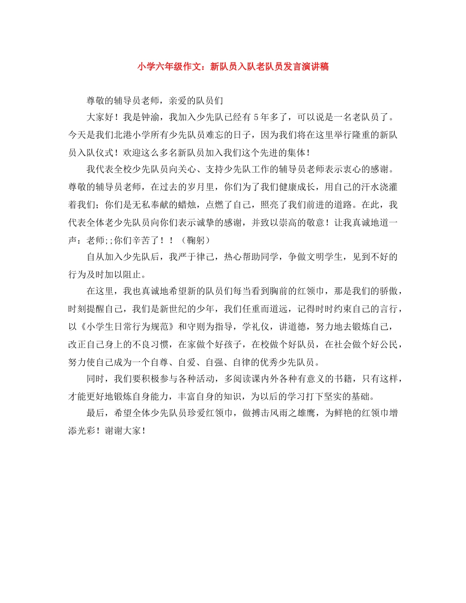 小学六年级作文新队员入队老队员发言演讲稿 _第1页