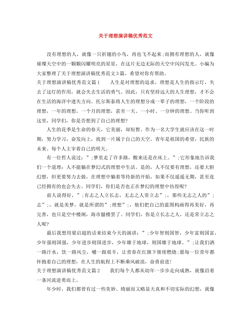 关于理想演讲稿优秀范文 _第1页