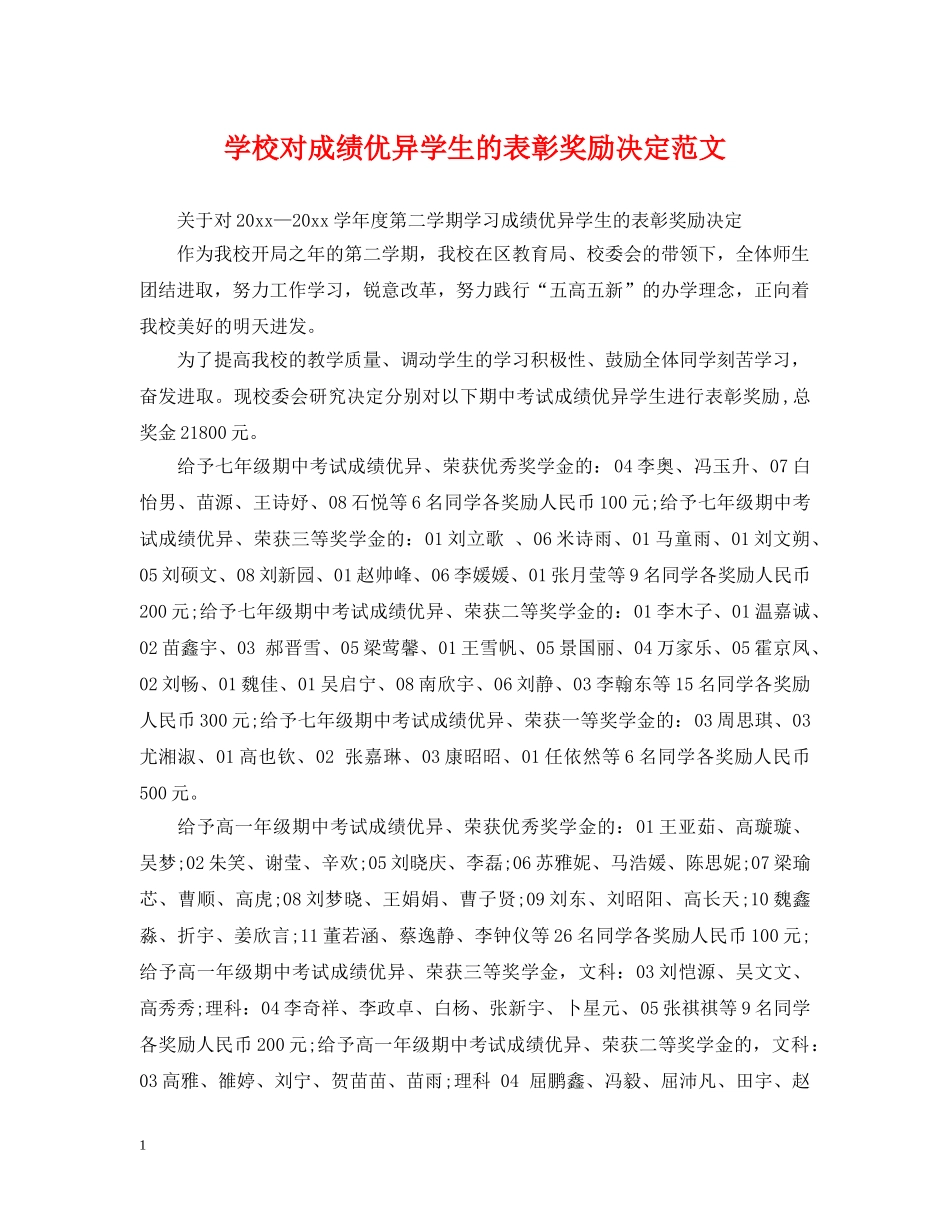学校对成绩优异学生的表彰奖励决定范文 _第1页
