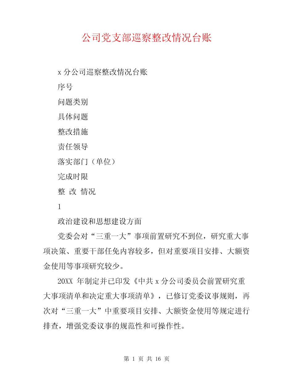 公司党支部巡察整改情况台账_第1页